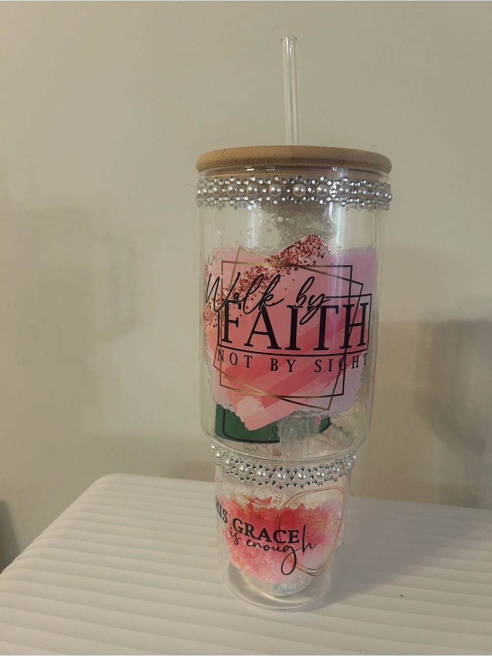 Walk by Faith Glass Tumbler W/ Bamboo Lid and Glass Straw- Pink & Green Accent